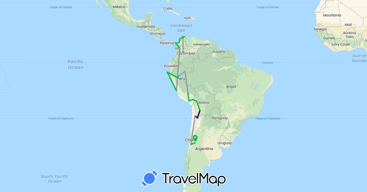 TravelMap itinerary: driving, bus, plane, boat in Argentina, Bolivia, Chile, Colombia, Peru (South America)